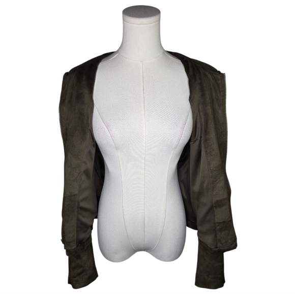 Carmen Marc Valvo Olive Faux Suede Laser Cut Zip Jacket Size 8 Boho Chic - Picture 5 of 8